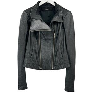 VEDA Black Mixed Material High Neck Moto Genuine Leather Biker Jacket